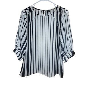 Worthington Womens Blouse XS Black/White Vertical Stripe Roll Tab 3/4 Sleeve